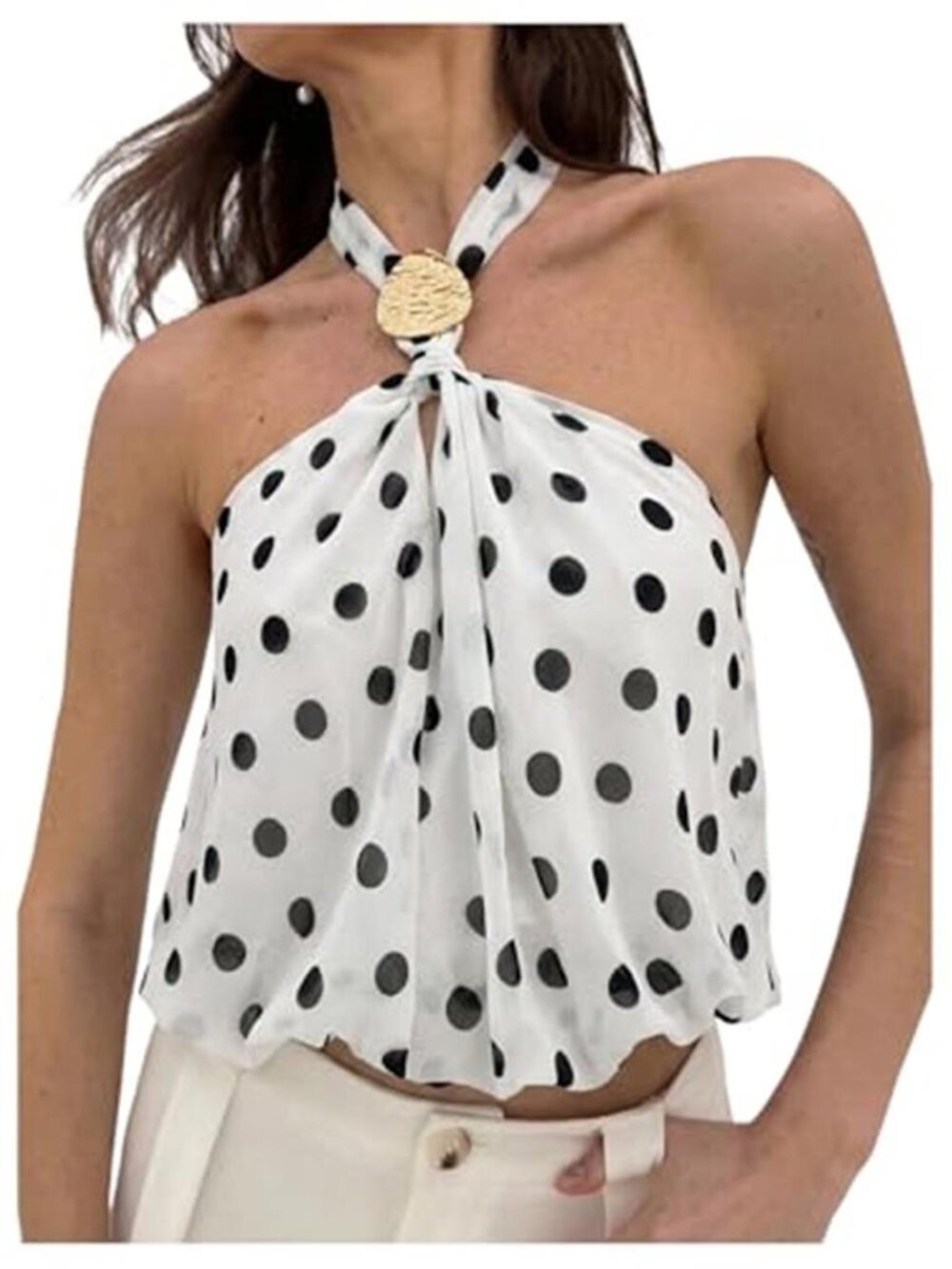 Women's White Polka Dots Halter Crop Tops Metal Open Back Sleeveless Going